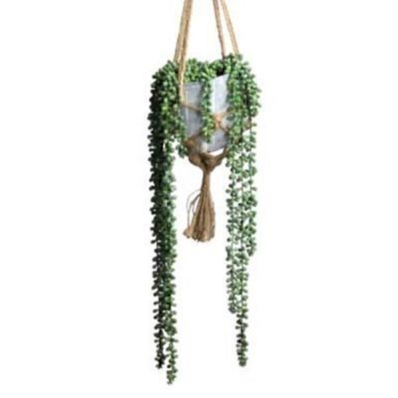 Trailing String of Pearls artificial succulent plant in hanging pot by Gisela Graham. This realistic fake plant is ideal for brightening up any room. Size15x78x15cm